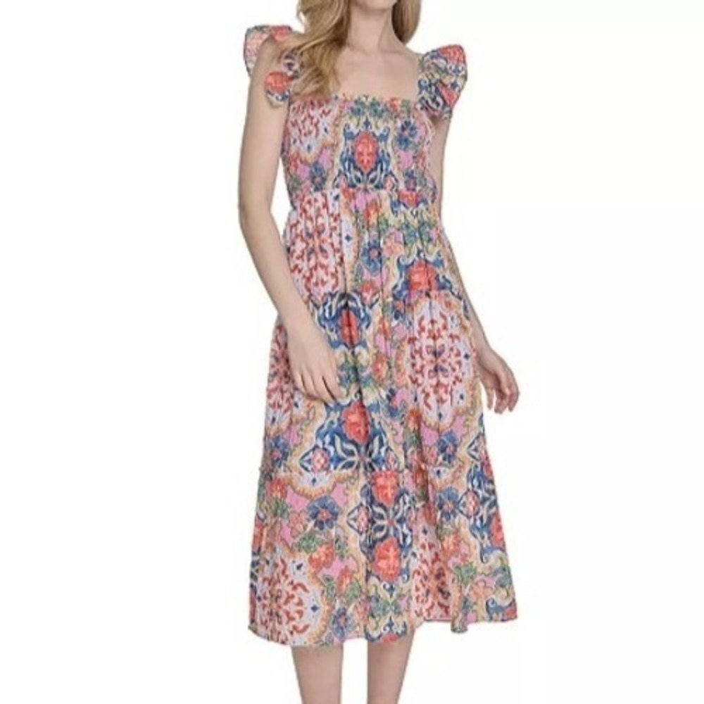 Vince Camuto Printed Square Neck Ruffle Strap Sleeveless Dress Womens Size L NWT